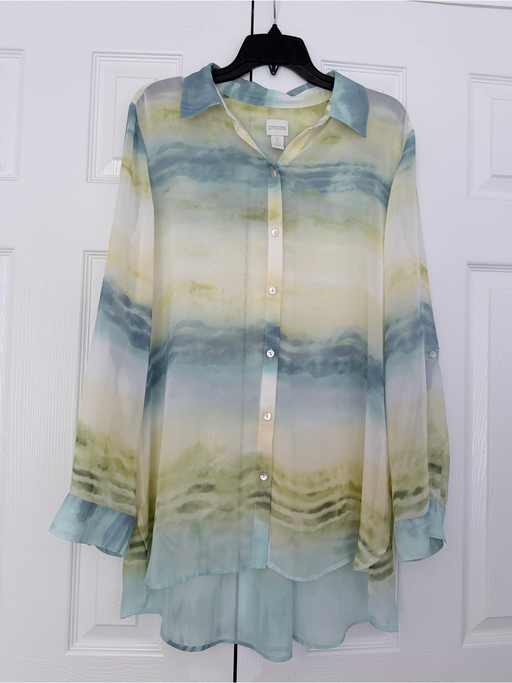 Chico's Abstract Watercolor Button Down Blouse in Blue, Green & Yellow